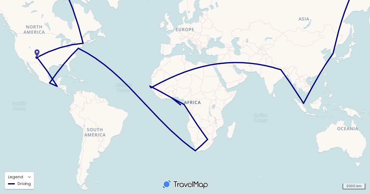 TravelMap itinerary: driving in Gabon, Ghana, Gambia, Guatemala, South Korea, Mexico, Malaysia, Nepal, Singapore, Senegal, São Tomé and Príncipe, United States, South Africa (Africa, Asia, North America)